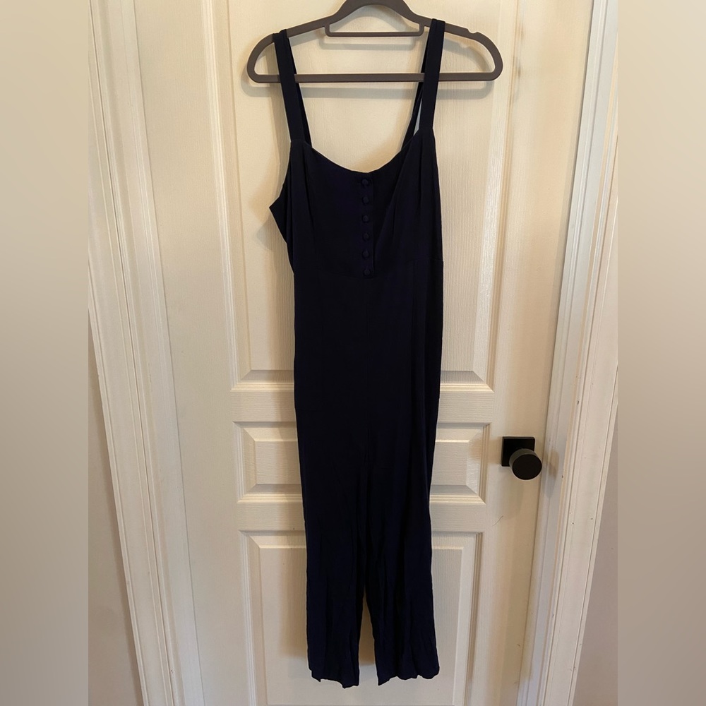 Navy Madewell Button-Front Jumpsuit with Smocked Back